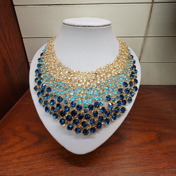 Blue Glass Crystal Statement Necklace Earring Set - Picture 2 of 3